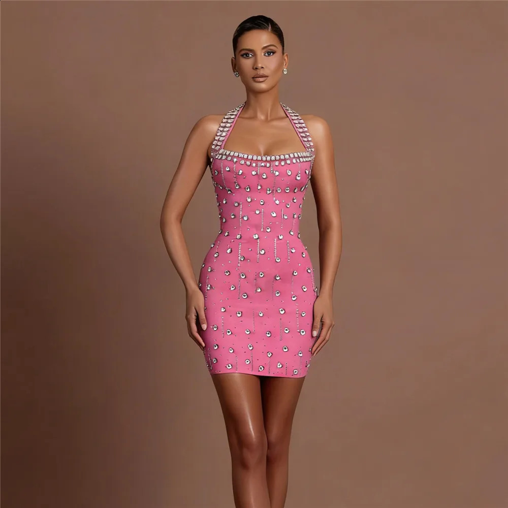 y Diamond Rhinestone Women Summer Halter Bandage Dress Club Evening Party Mini Dresses 260519