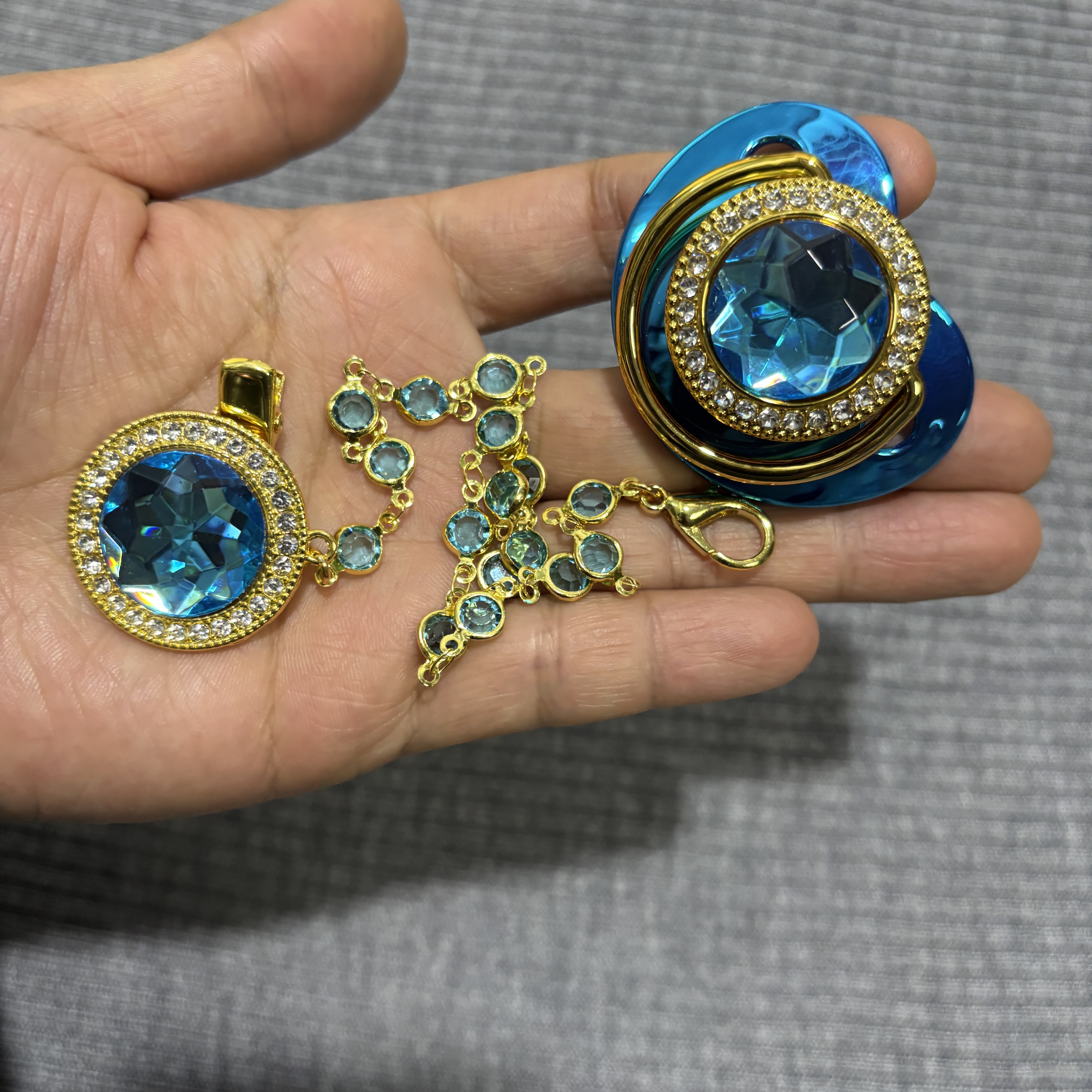 Luxury Blue Crystal Pacifier Set Silver-Plated Rhinestone Pacifier Clip with Blue Gemstone Accents - view 5