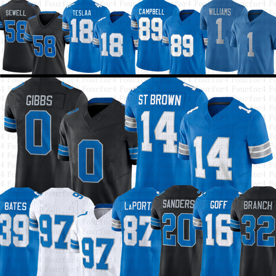 Amon-Ra St Brown 0 Jahmyr Gibbs Football Jersey Sam Laporta Barry Sanders Jameson Williams Brian Branch TIsaac TeSlaa Jake Bates Jared Goff Penei Sewe