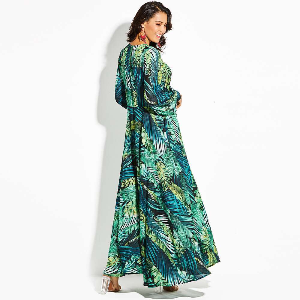 2026 Spring/Summer Amazon New European Women's Dress Lantern Sleeve Printed Sexy V-Neck Leaf Pattern Flared Skirt dh4345018
