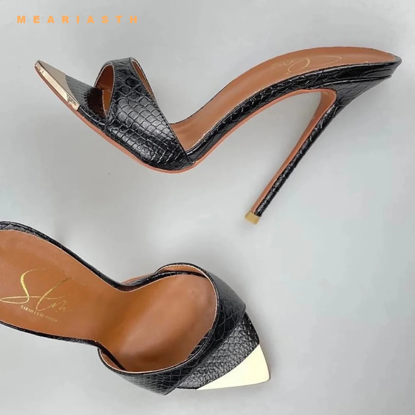 Sexy Metal Plate Pointed Toe Mules Shoes Blue Denim Slip On Summer Slippers Stiletto High Heels Sandals Plus Size 45 260519