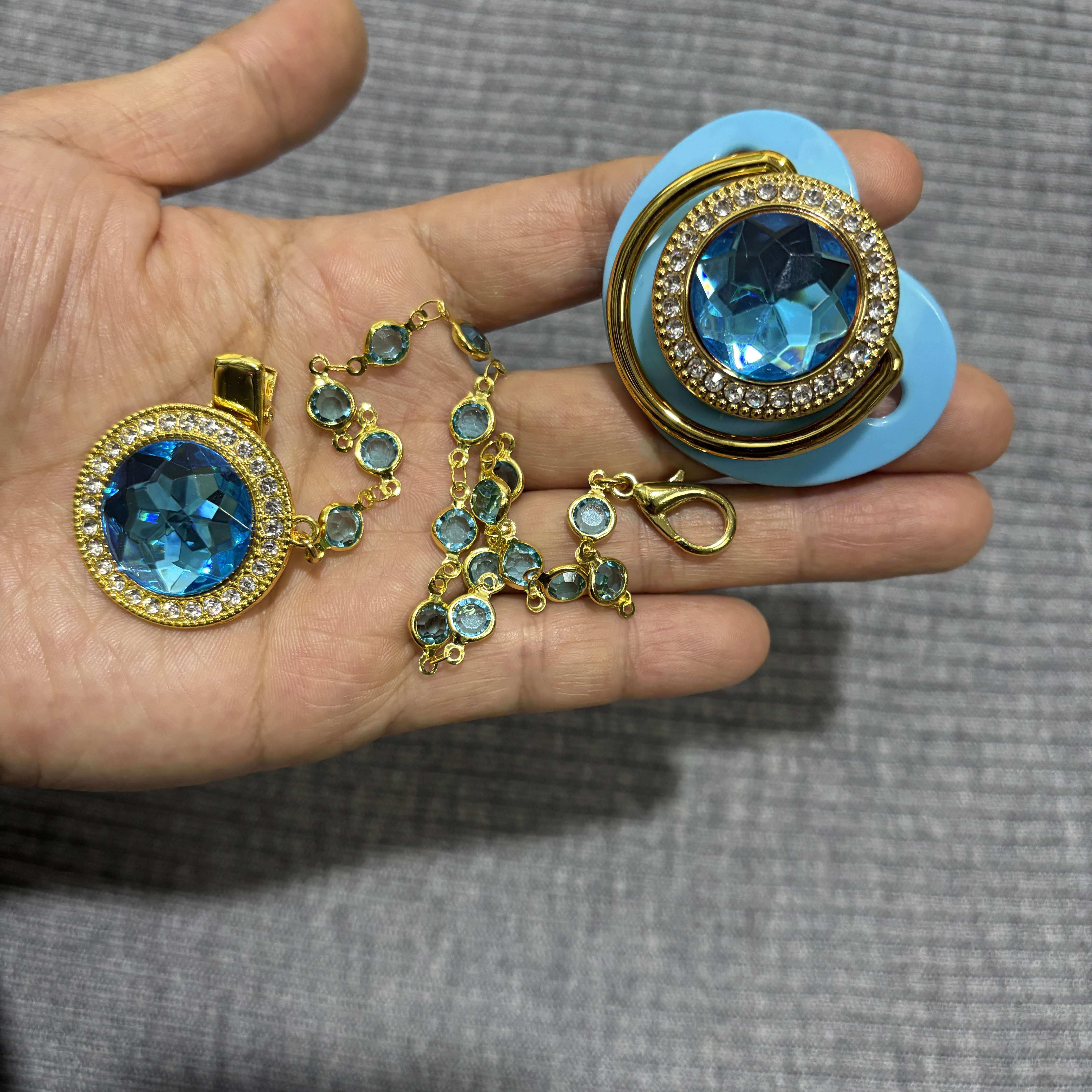 Luxury Blue Crystal Pacifier Set Silver-Plated Rhinestone Pacifier Clip with Blue Gemstone Accents - view 8