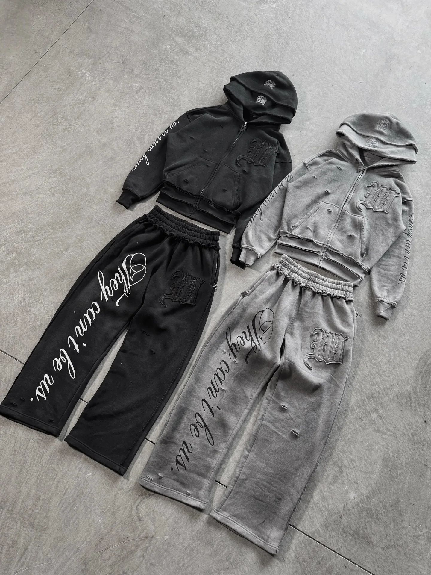 Men's Hoodies Grey Distressed Embroidery Tracksuit Set Women's Streetwear Oversized Hoodie & Pants Edgy Casual Two-Piece Outfit