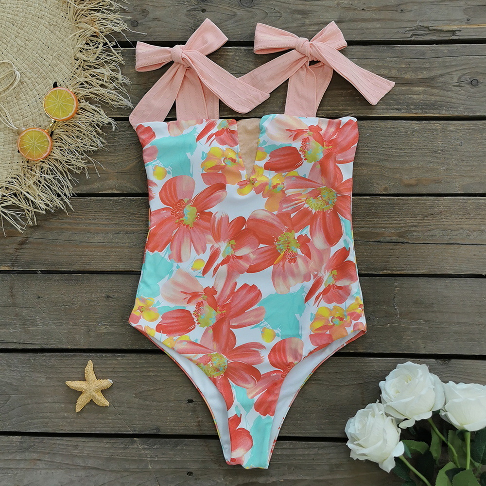 Swim wear Sexy Swimsuit Shoulder Strappy Print Floral Swimwear Women Backless Bathing Suit Beach Wear Monokini 230311