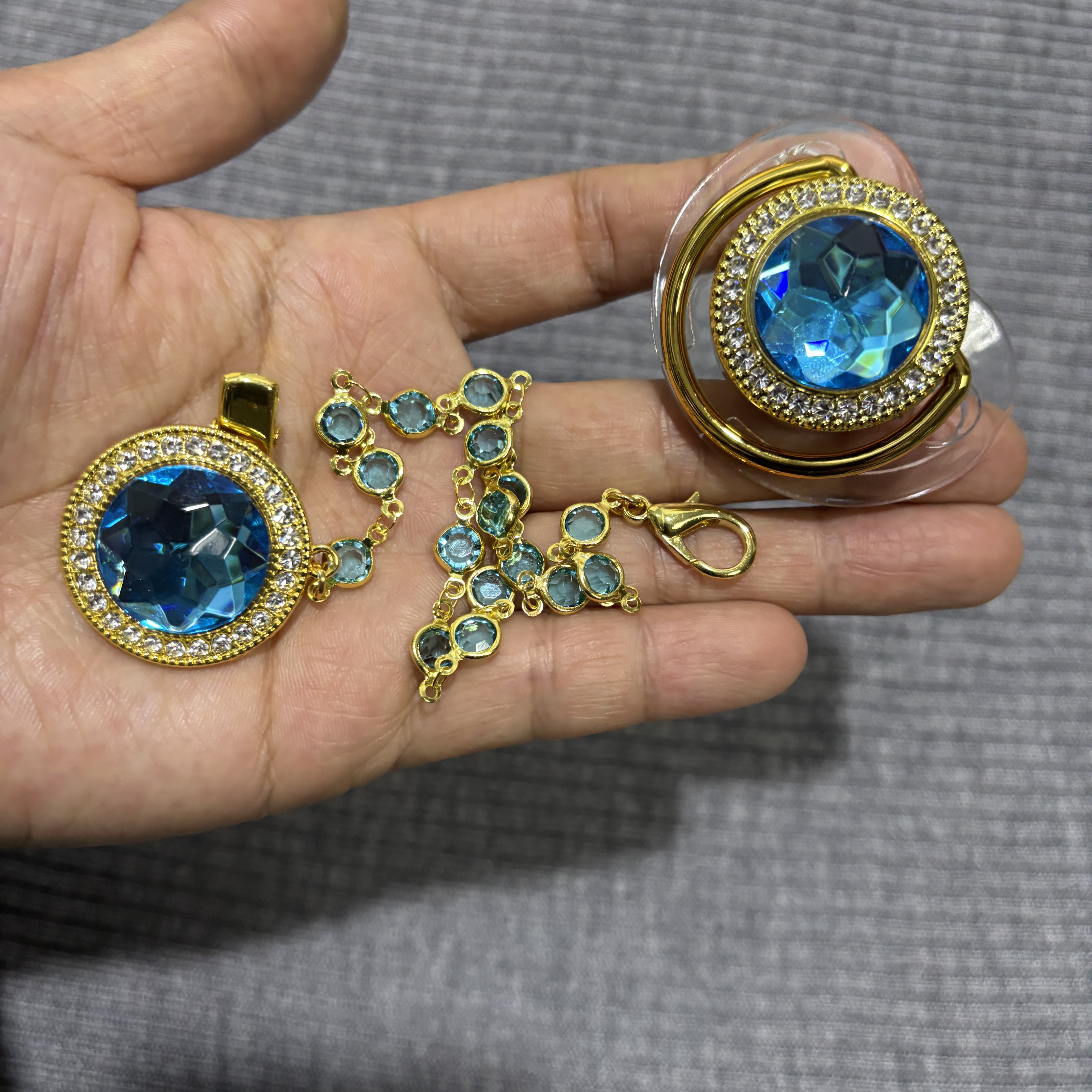 Luxury Blue Crystal Pacifier Set Silver-Plated Rhinestone Pacifier Clip with Blue Gemstone Accents - view 6