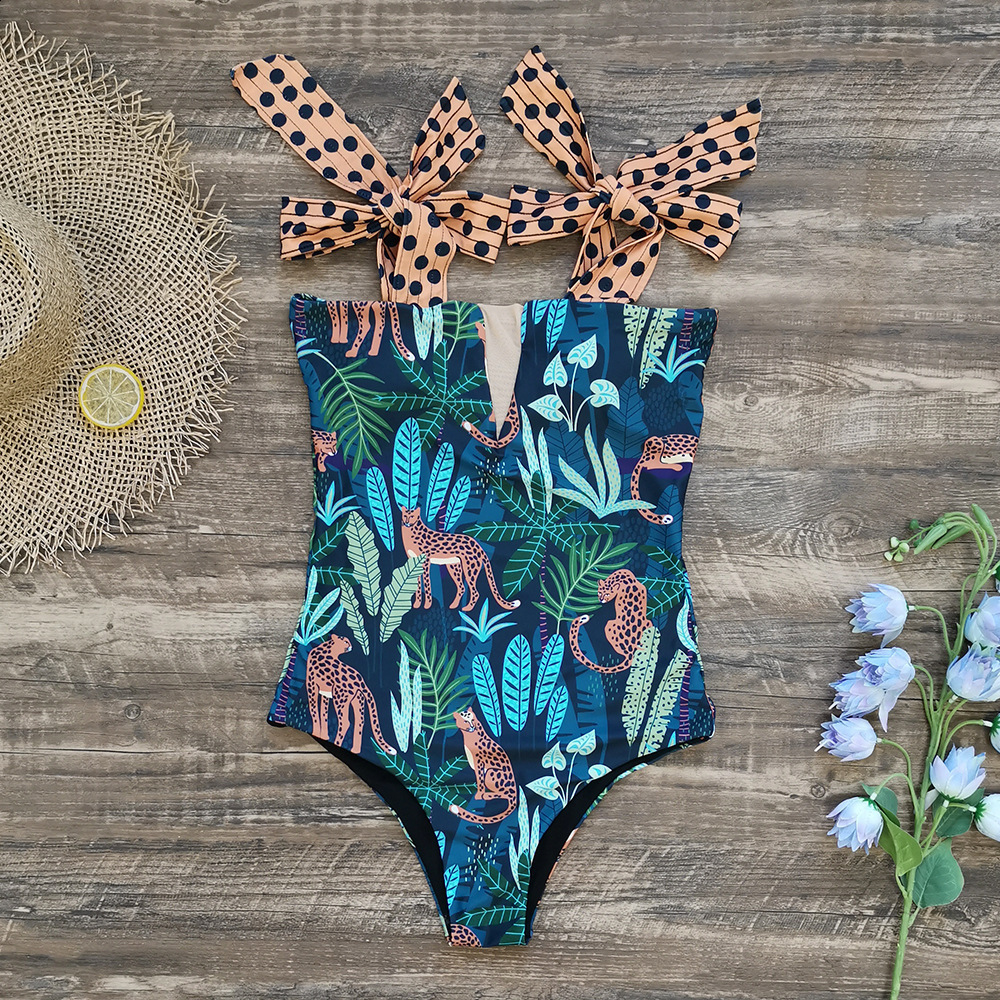 Swim wear Sexy Swimsuit Shoulder Strappy Print Floral Swimwear Women Backless Bathing Suit Beach Wear Monokini 230311