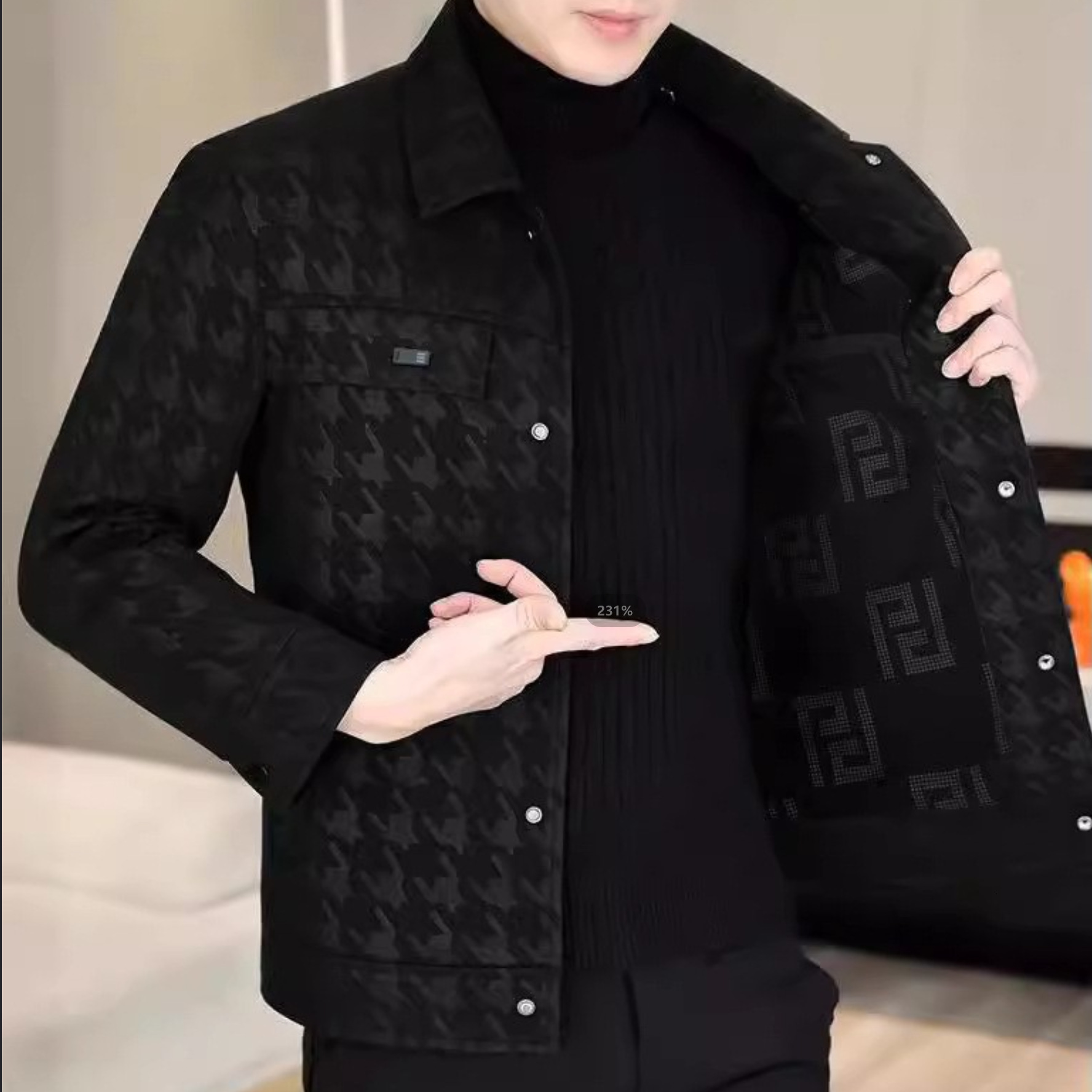 Luxury Brand Designer Mens Black Houndstooth Jacquard Faux Leather Point Collar Cropped Jacket 2026 Spring Autumn Casual Business Versatile Daily Wear