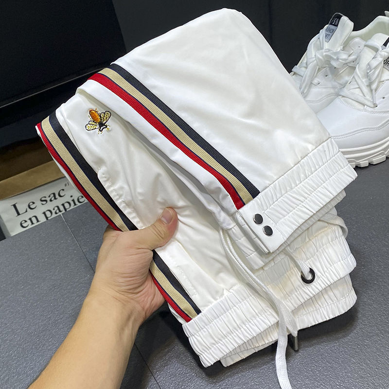 Luxury Brand Designer Men White Ice Silk Quick Dry Side Stripe Bee Embroidery Slim Fit Jogger Pants 2026 Summer Casual Athletic Versatile Daily Wear T