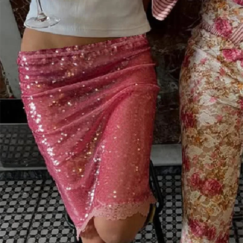 Sequins Sparkle Coquette See Through Midi Pencil Skirt Lace Trim Low Waist Skirts Women Glitter Straight Skirt Y2k Streetwear 260527 - view 5
