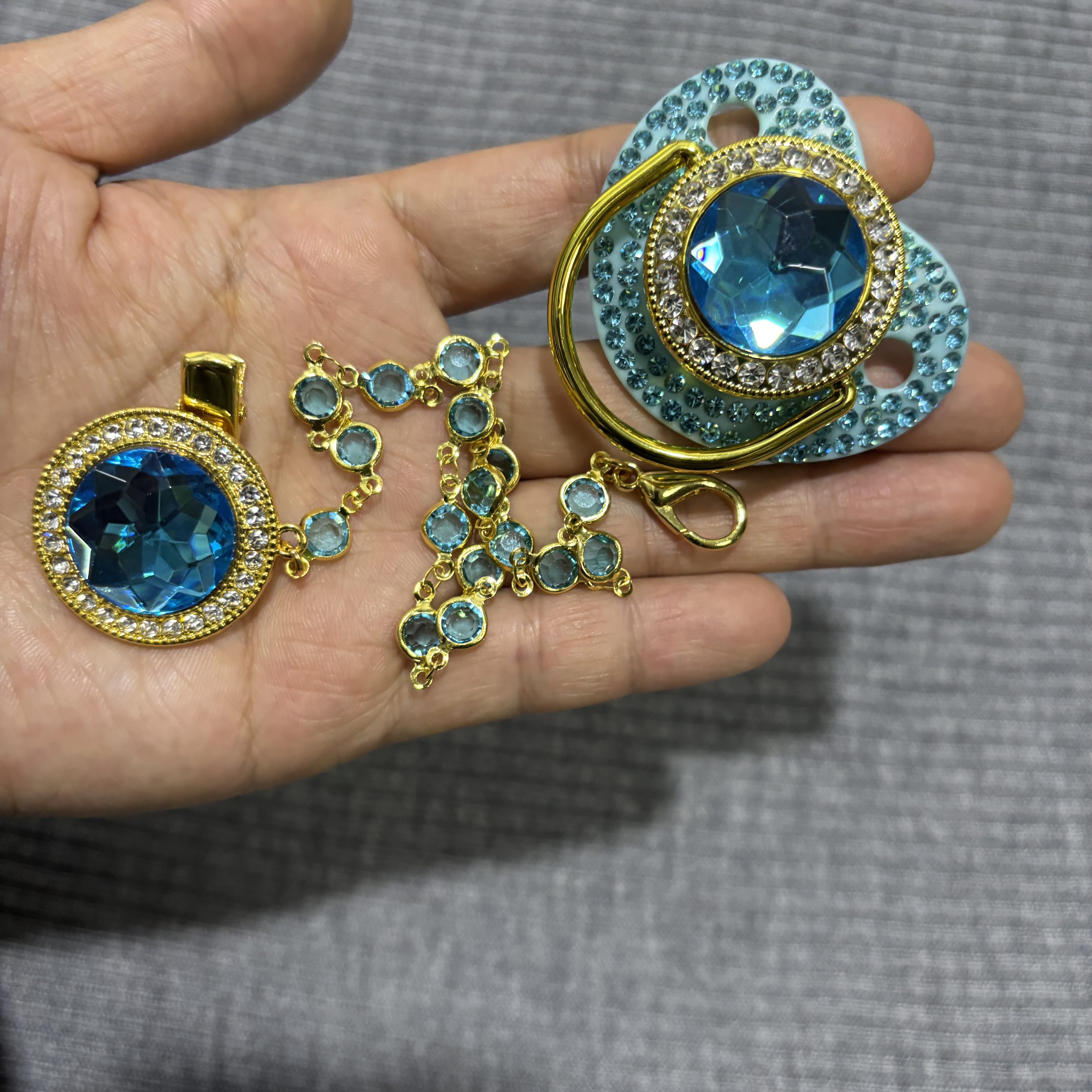 Luxury Blue Crystal Pacifier Set Silver-Plated Rhinestone Pacifier Clip with Blue Gemstone Accents - view 3