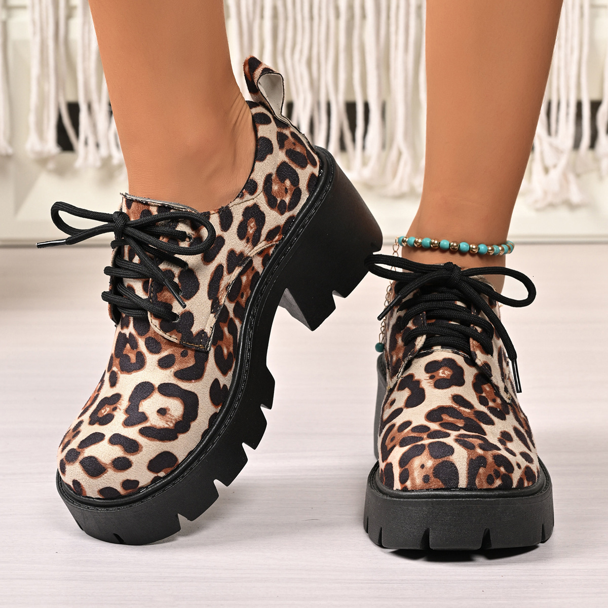Womens Casual Platform Oxford Shoes Lace Up Closure Durable Material Leopard Print Colorway For All Seasons