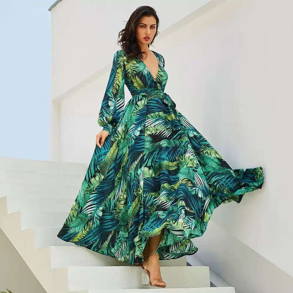 2026 Spring/Summer Amazon New European Women's Dress Lantern Sleeve Printed Sexy V-Neck Leaf Pattern Flared Skirt dh4345018