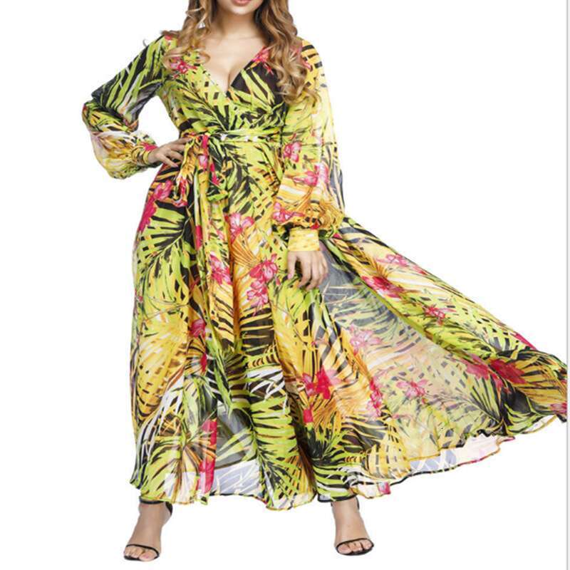 2026 Spring/Summer Amazon New European Women's Dress Lantern Sleeve Printed Sexy V-Neck Leaf Pattern Flared Skirt dh4345018