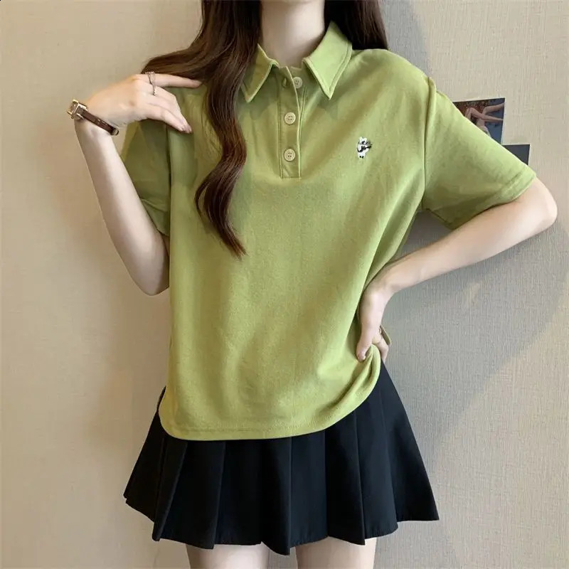 Pink Woman 100 Cotton Tshirt Embroidery Polo Neck T Shirt for Women Korean Clothing Y2k Fashion High Quality Youthful Elegant y260618 - view 7