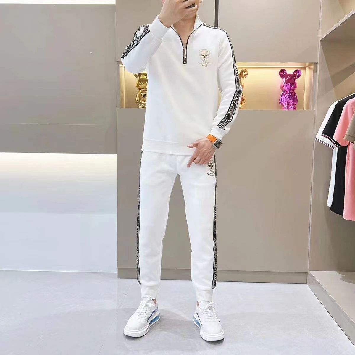 Luxury Brand Designer Men White Half Zip Stand Collar Side Tape Stripe Shield Embroidery 2 Piece Tracksuit Set 2026 Casual Athletic Versatile Daily We