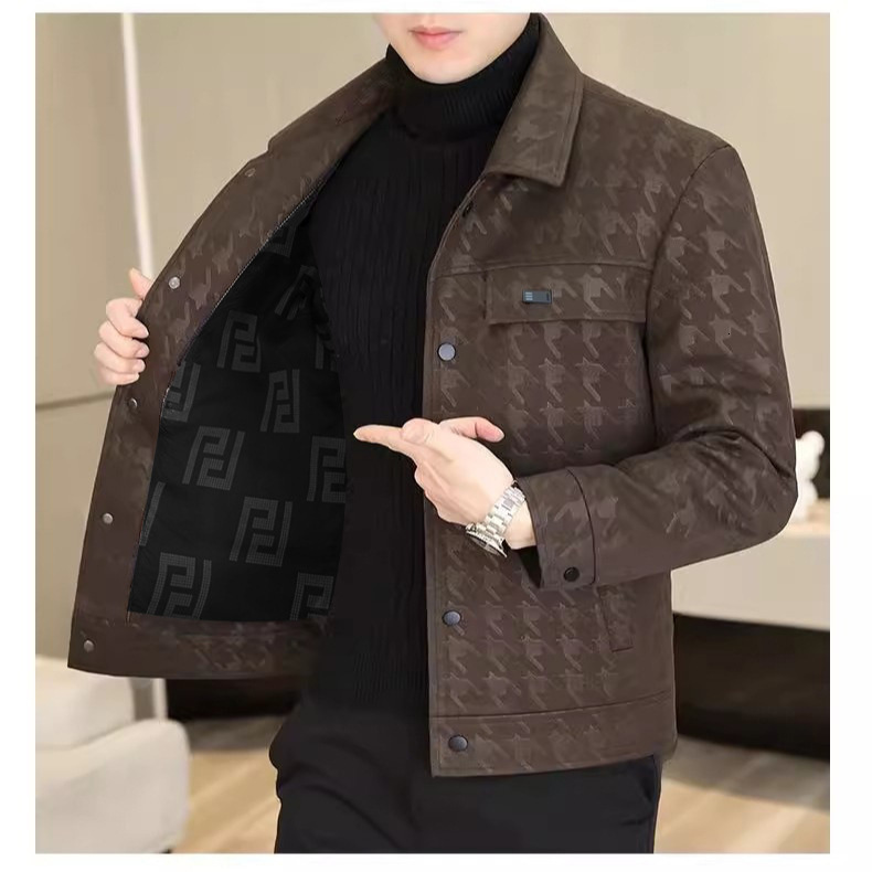 Luxury Brand Designer Mens Black Houndstooth Jacquard Faux Leather Point Collar Cropped Jacket 2026 Spring Autumn Casual Business Versatile Daily Wear
