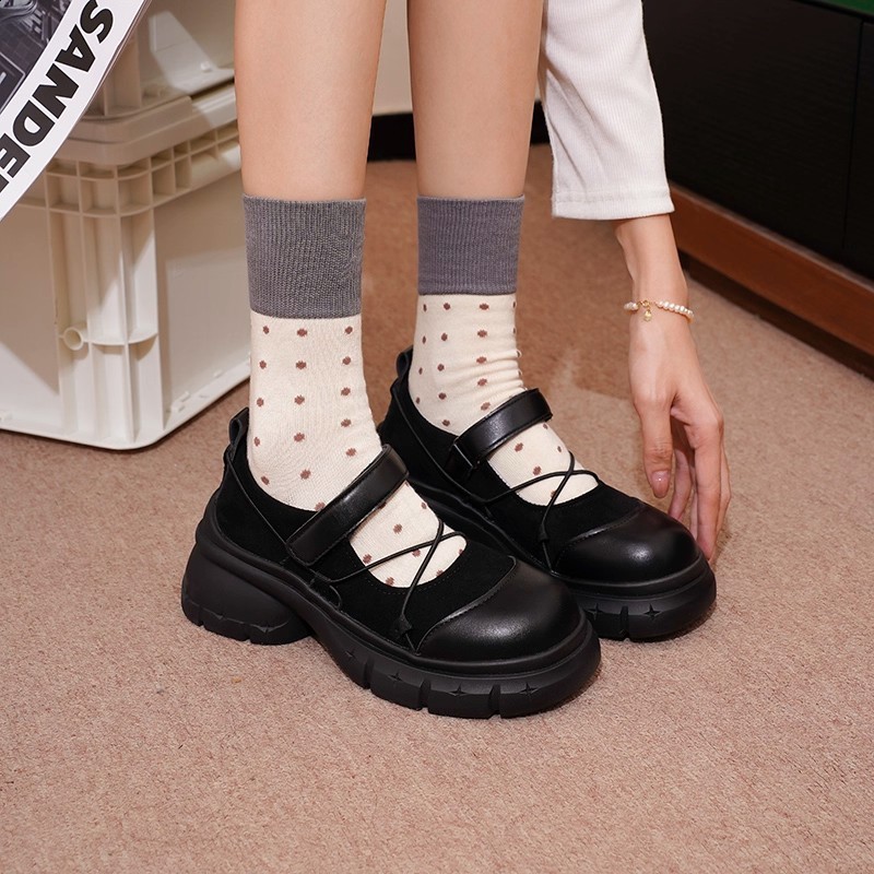 Summer new style Mary Jane shoes for women versatile height-increasing thick-soled black leather shoes260323