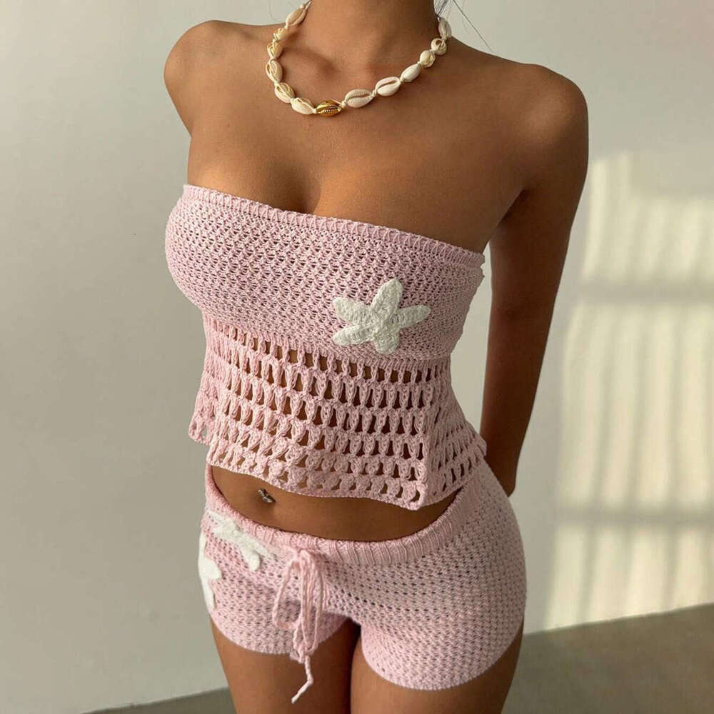Designer New 2026! Cross-Border European And American Sexy Knitted Floral Beach Dress Bikini Swimsuit Cover-Up Sun Protection Set For Women 6b34