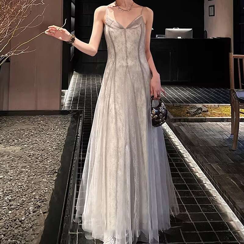 In Production New Chinese Style Summer V Neck Strap Dress Mesh Waist Design Elegant Fishtail Long Dress For Women MAKOUFEI