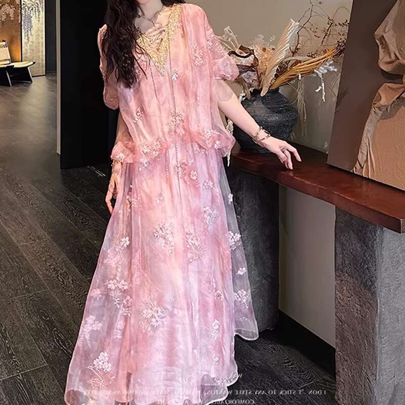 Elegant Bead Embroidery Gold Dyed Mesh Dress Fashion New Chinese Style Summer Loose Casual High Grade Elegant Daily Party Women Clothing MAKOUFEI