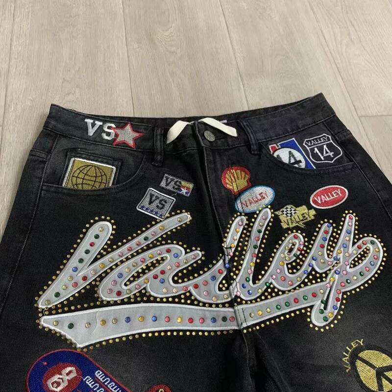 Colorful Rhinestone VALLEY Embroidery Patch Label Denim Shorts Jorts Men Women High Quality Loose Straight Short Jeans J260520