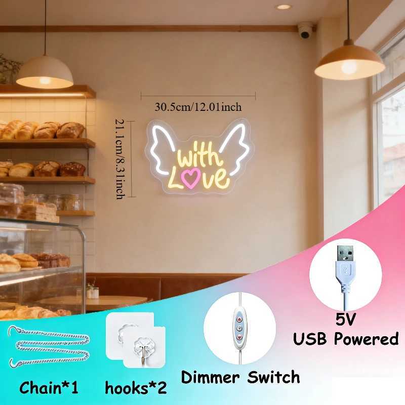 With Love Heart Cloud Wing Shape LED Neon Sign for Bedroom Wedding Valentine Gift Romantic Home Decor Wall Art Lighting H260520