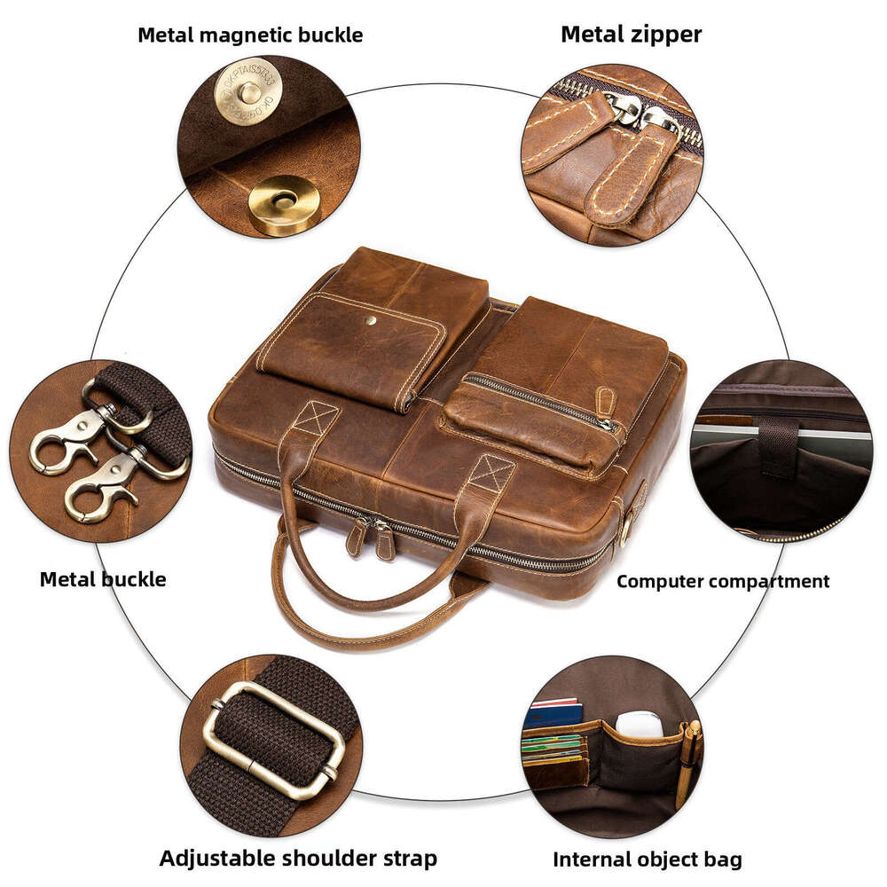 Men Business Genuine Leather Briefcase Retro Top Layer Cowhide Design Stylish Casual Official Handbag Multi-purpose Office Commute Shoulder Bag SENYY
