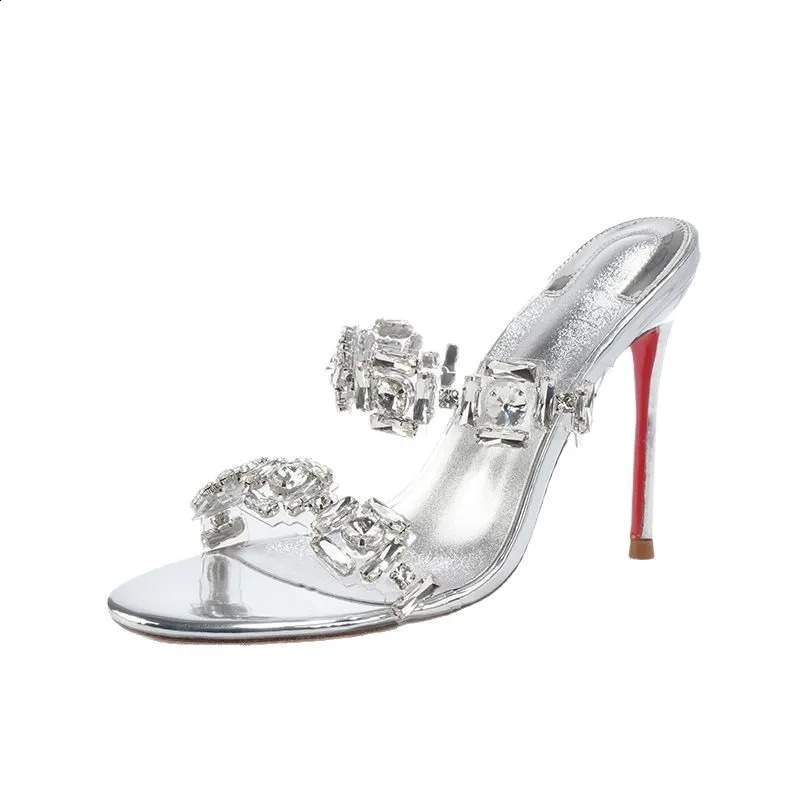 Transparent Crystal High Heel Slippers Women Sexy Silver Thin Heel Wedding Shoes 260520 - view 4