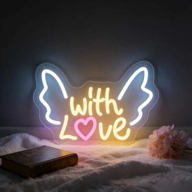 With Love Heart Cloud Wing Shape LED Neon Sign for Bedroom Wedding Valentine Gift Romantic Home Decor Wall Art Lighting H260520