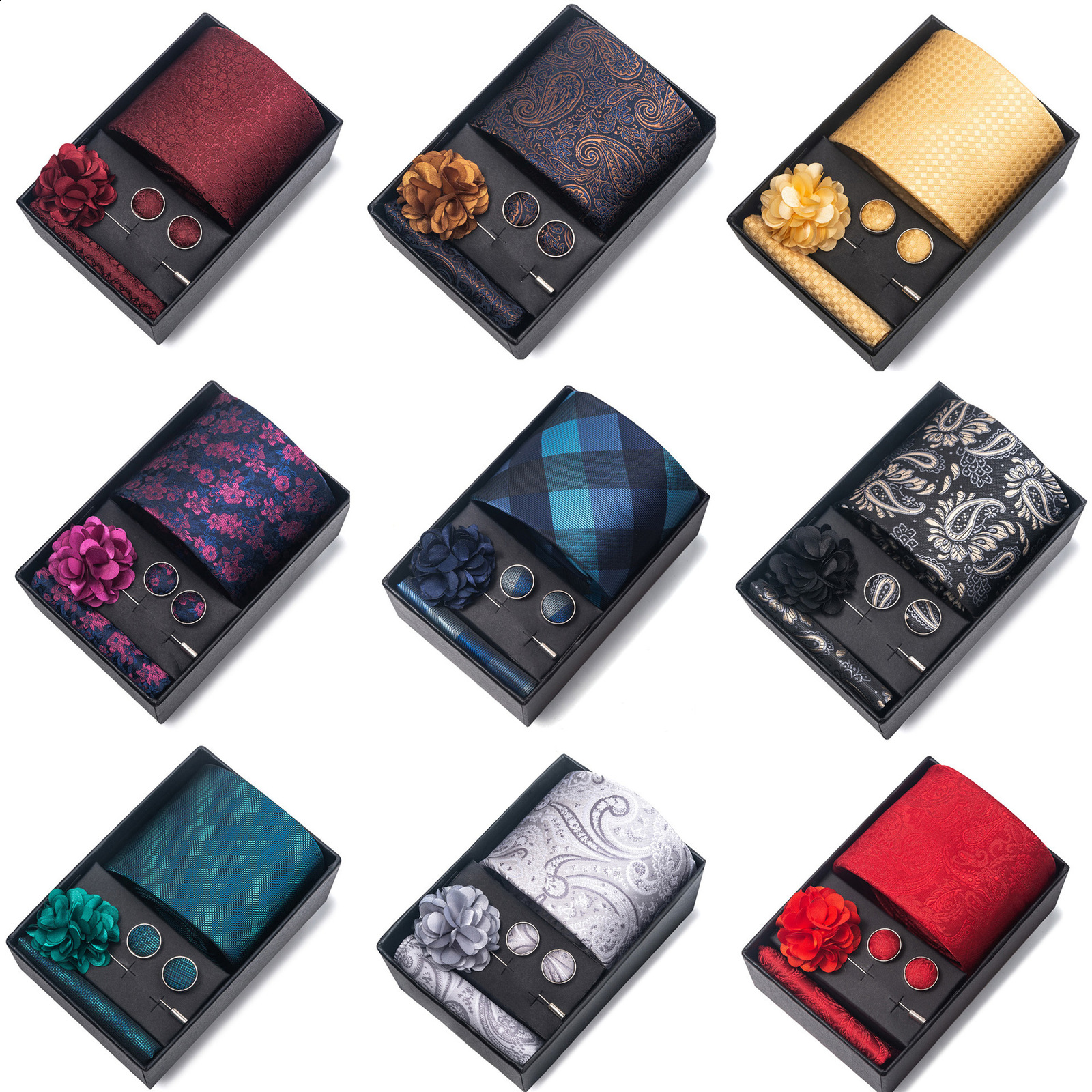 Stripes Silk Ties for Men Wedding Accessories Mens Necktie Pocket Square Cufflinks Pin And Elegant Gift Box 260403