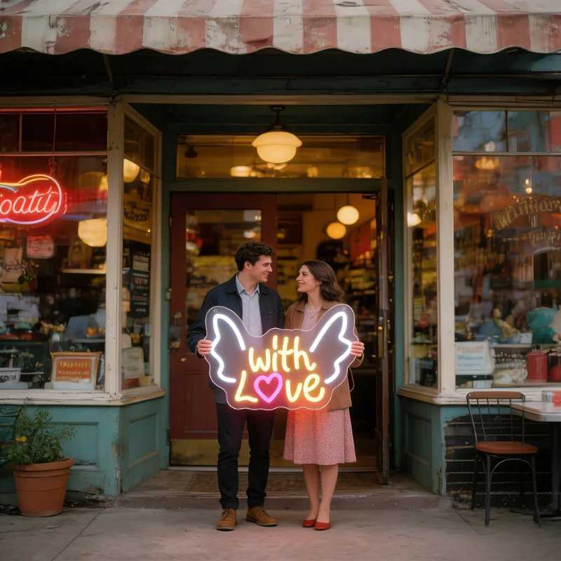 With Love Heart Cloud Wing Shape LED Neon Sign for Bedroom Wedding Valentine Gift Romantic Home Decor Wall Art Lighting H260520