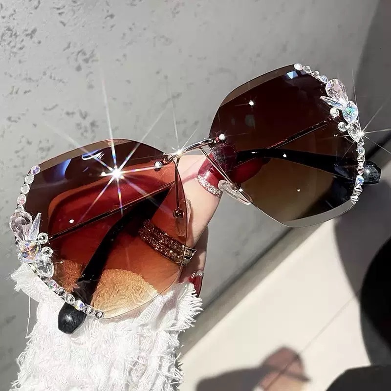 Women's Sport Rhinestone Sunglasses, Frameless Gradient Brown Lenses, Rhinestone-Embellished PC Frame, UV380 Protection, Casual Fashion Eyewear for Ou - view 4