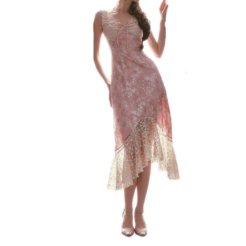 French Lace Camisole Dress Pink Floral Irregular Mermaid Hem Super Fairy Elegant Slim Women Long Dress MAKOUFEI