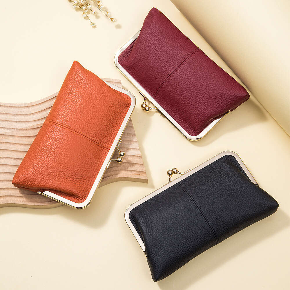 Simple and stylish clip genuine leather long clutch top-layer cowhide clasp storage bag, large-capacity phone bag for women - view 3