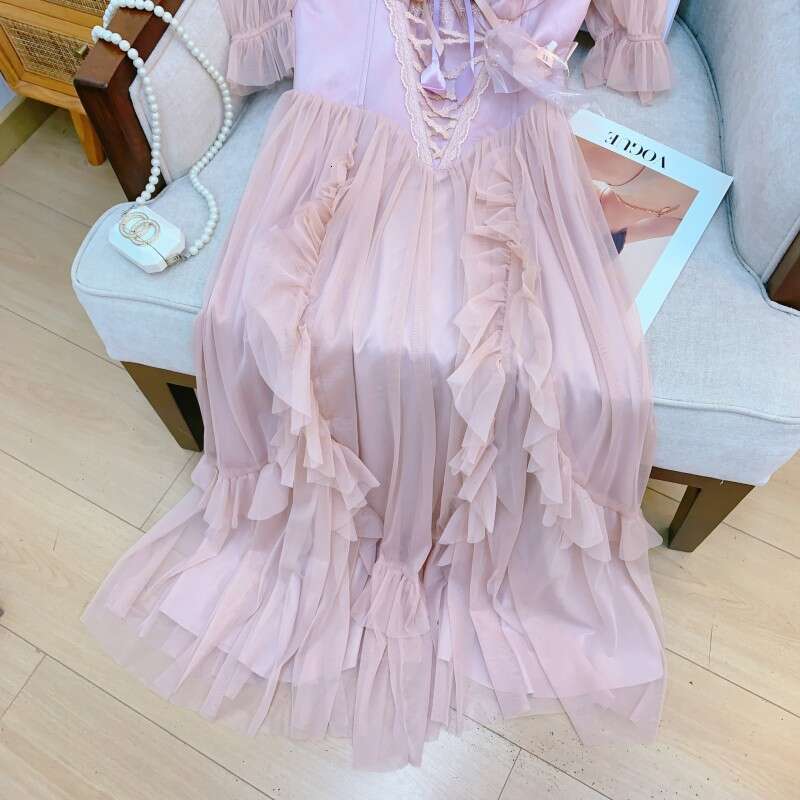 French Court Style Fairy Dress Waist Slimming Perspective Mesh Lace Splicing Elegant Women Daily Party Dress MAKOUFEI