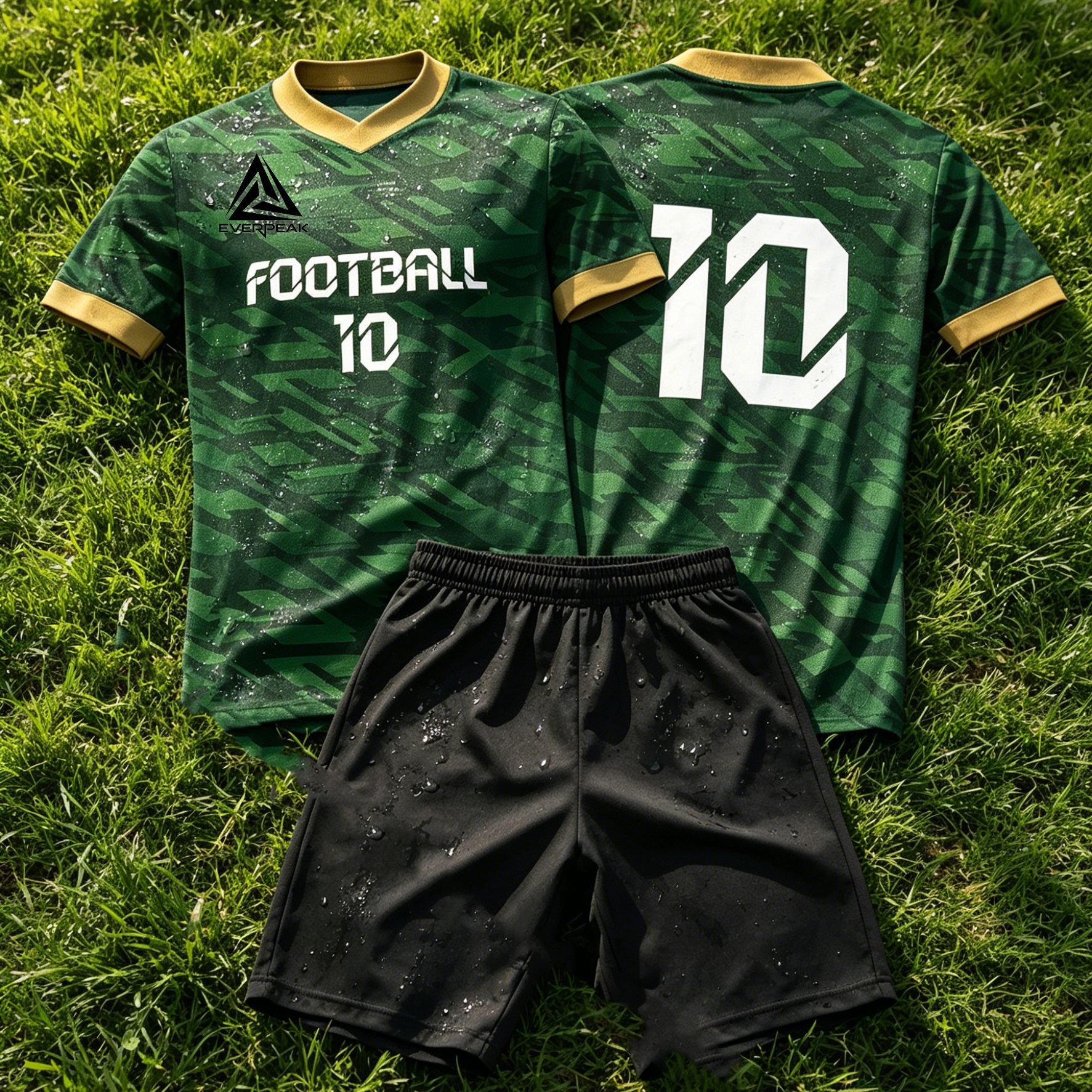 Custom Soccer Jersey Set Men Dark Green Camo with Gold Trim Football Uniform with Shorts Personalized Name Number Breathable Quick Dry Kit - view 6