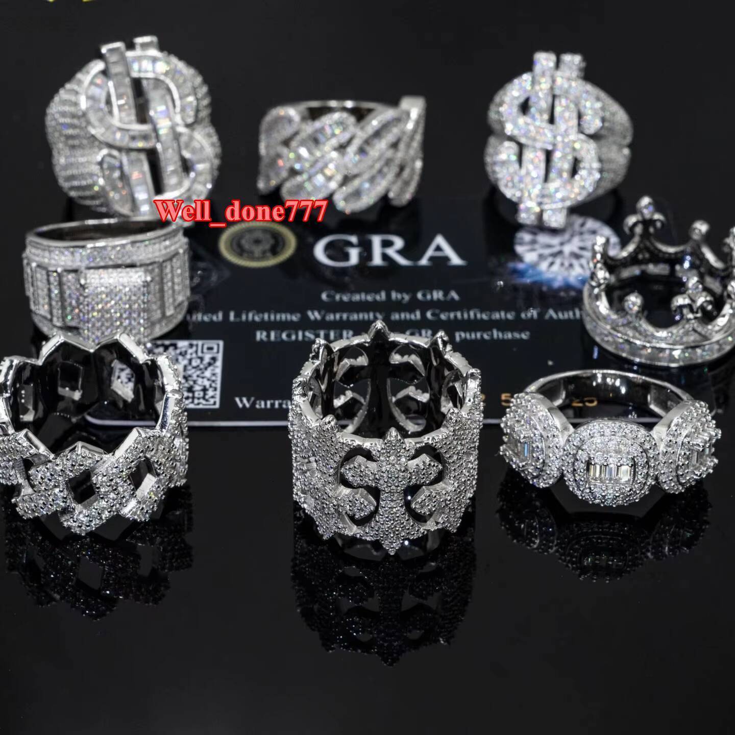 Hiphop Moissanite Ring 3 Rows Pave Setting Eternity Band Ring 925 Silver Gold Plated Vvs Moissanite Ring