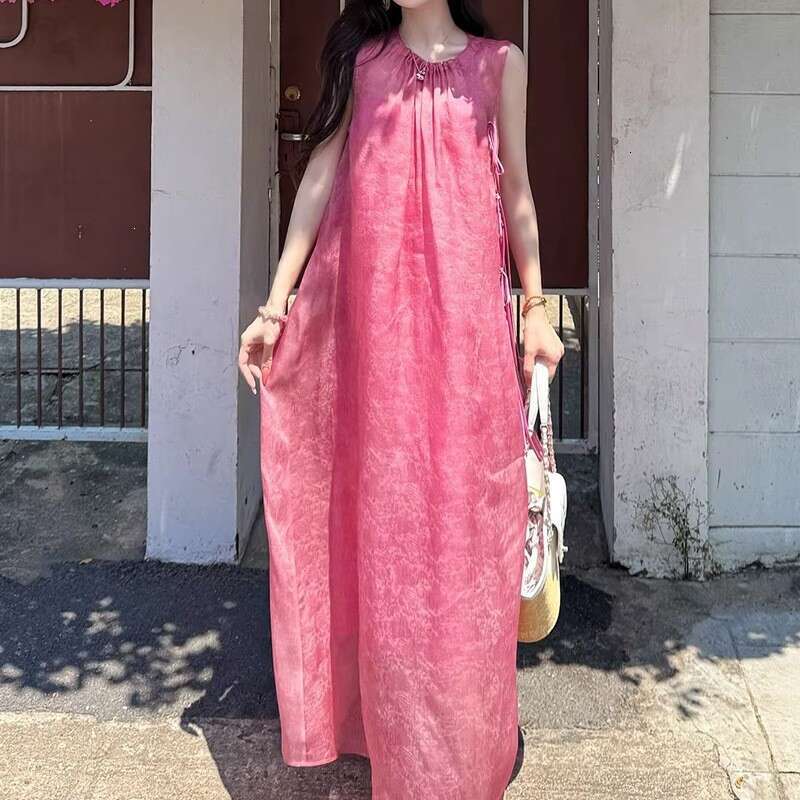 2026 Summer New Raspberry Pink Drawstring Pullover Dress, Loose and Casual Silk Vacation Dress