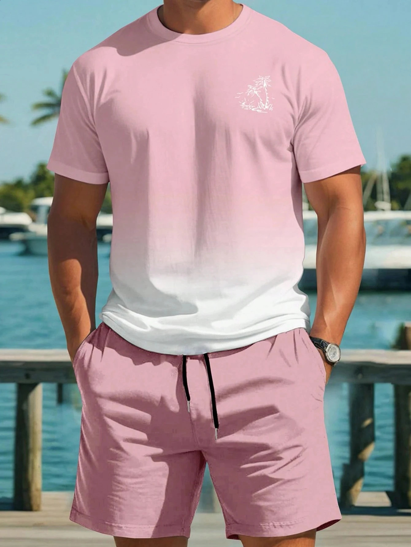 Palm Tree Printed Men Spring and Summer Two Pieces Set Casual Round Neck Short Sleeve Tshirt Shorts Sport Suit Print Clothing 260520