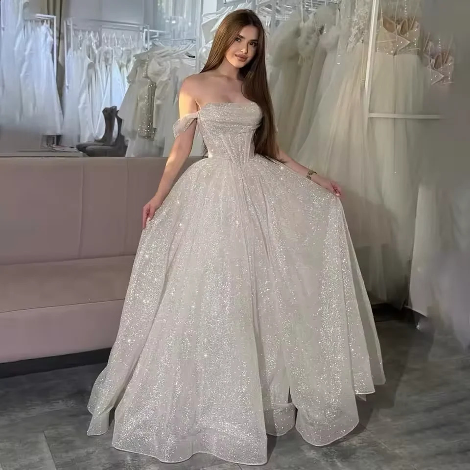 Customized Moden Prom Dress 2026 Glitter Tulle Off the Shoulder Wedding Party Boatneck Aline FloorLength Evening Gowns 260520 - view 4