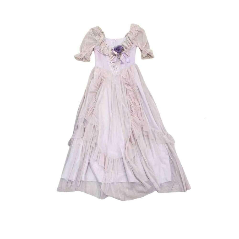 French Court Style Fairy Dress Waist Slimming Perspective Mesh Lace Splicing Elegant Women Daily Party Dress MAKOUFEI