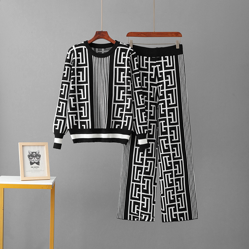 Suit For Women Knitted Pullover Sweater Wide Leg Pants European Style Trendy Casual Matching Outfit - view 4