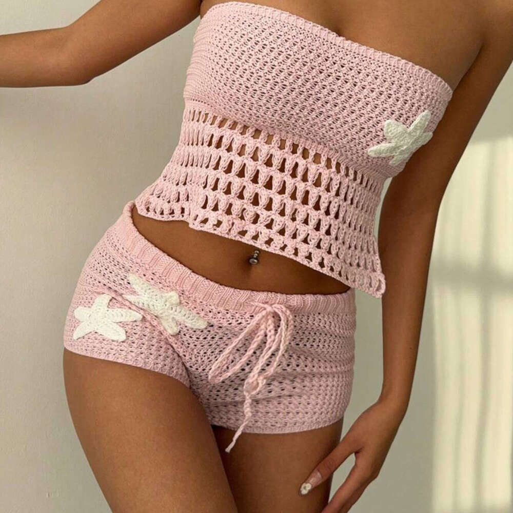 Designer New 2026! Cross-Border European And American Sexy Knitted Floral Beach Dress Bikini Swimsuit Cover-Up Sun Protection Set For Women 6b34