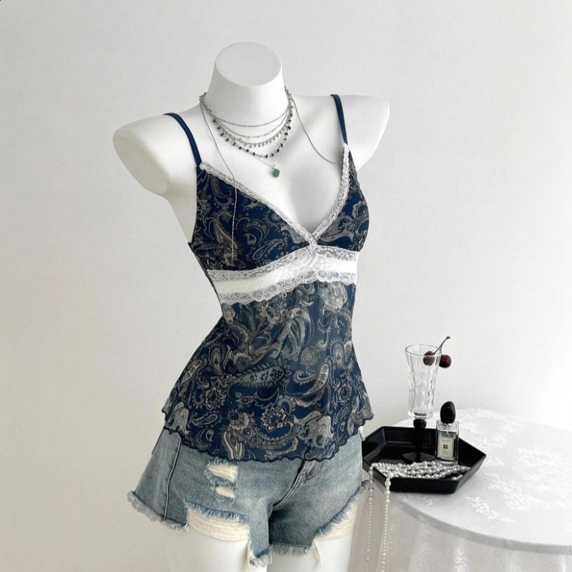 Harajuku Vintage Aesthetic Womens Casual Camisole Tee Sexy Slim Chic Floral Print Crop Top Y2K Grunge Punk Emo Girls Streetwear 250415