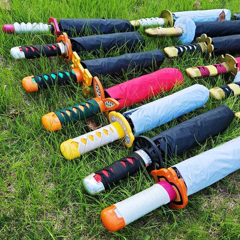 Kamado Tanjirou Katana Sunny Rainy Umbrella 3 Fold Sunscreen Rain-proof Demon Slayer One Piece BLEACH Japanese Sword Roronoa Zo C260520