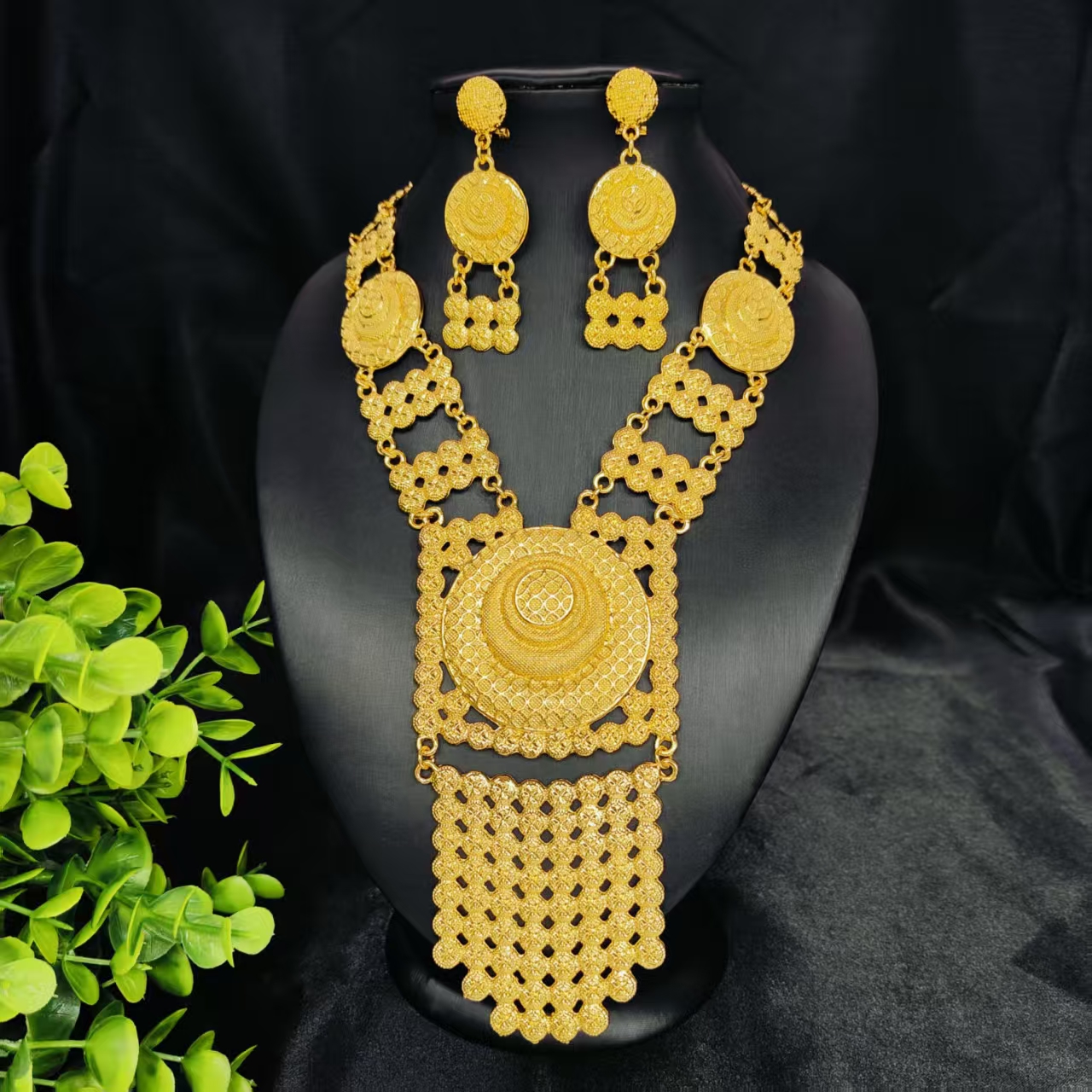 Bridal Indian Necklace Sets 24K Gold Plated Long Pendant For Women Nigeria African Dubai Wedding Earring Jewelry Set Party Gift