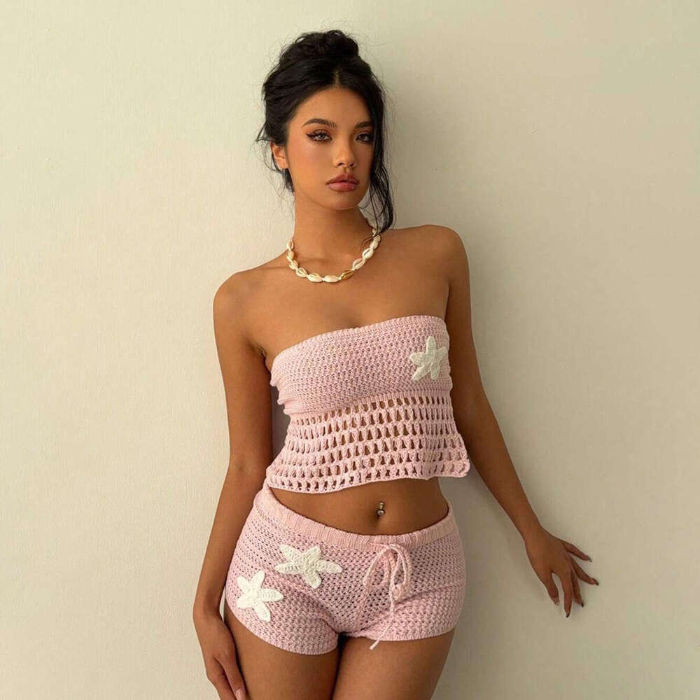 Designer New 2026! Cross-Border European And American Sexy Knitted Floral Beach Dress Bikini Swimsuit Cover-Up Sun Protection Set For Women 6b34