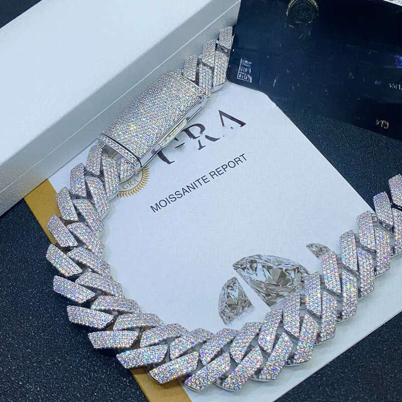 moissanite necklace cuban link chain 20mm 4 row full diamond ice out vvs pass diamonds tester stainless steel plating hiphop men's jewelry bracel
