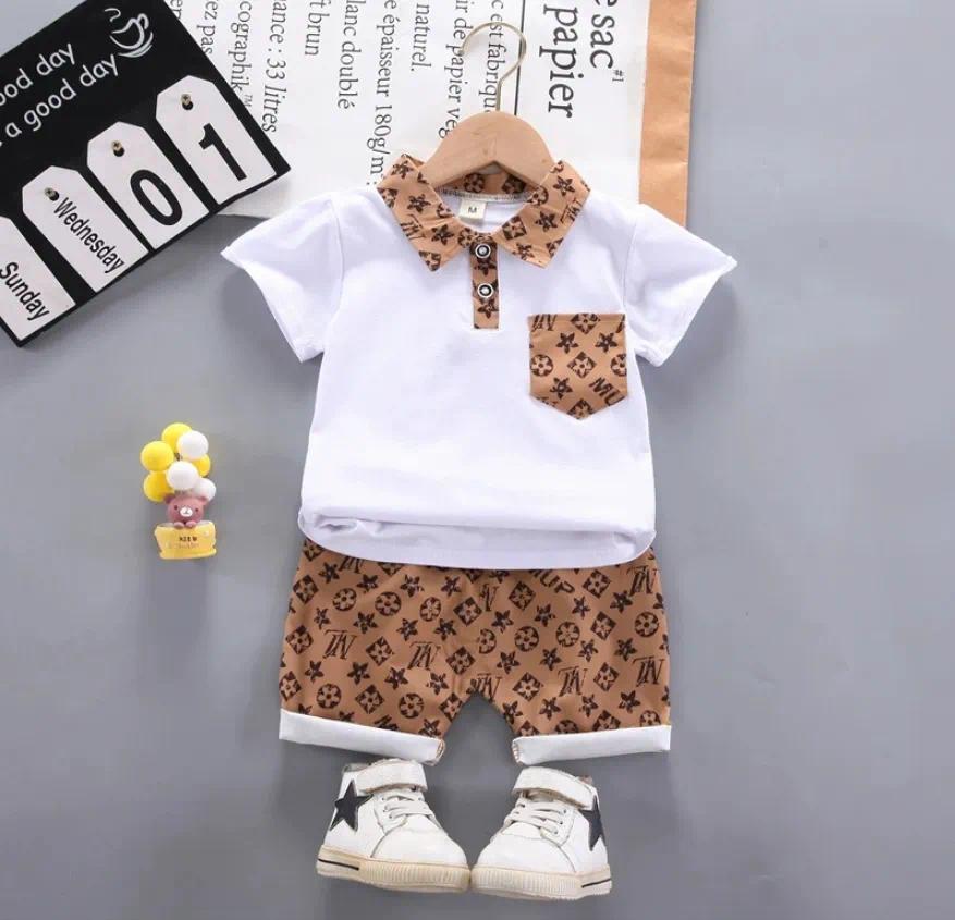 Summer Kids Clothing Sets New Designer Kids Outfits Baby Boys Clothes Set Printed Turn-down Collar T-Shirts Tops+ Shorts 2PCS/Suit Infant Designer Clothes Sets A0215