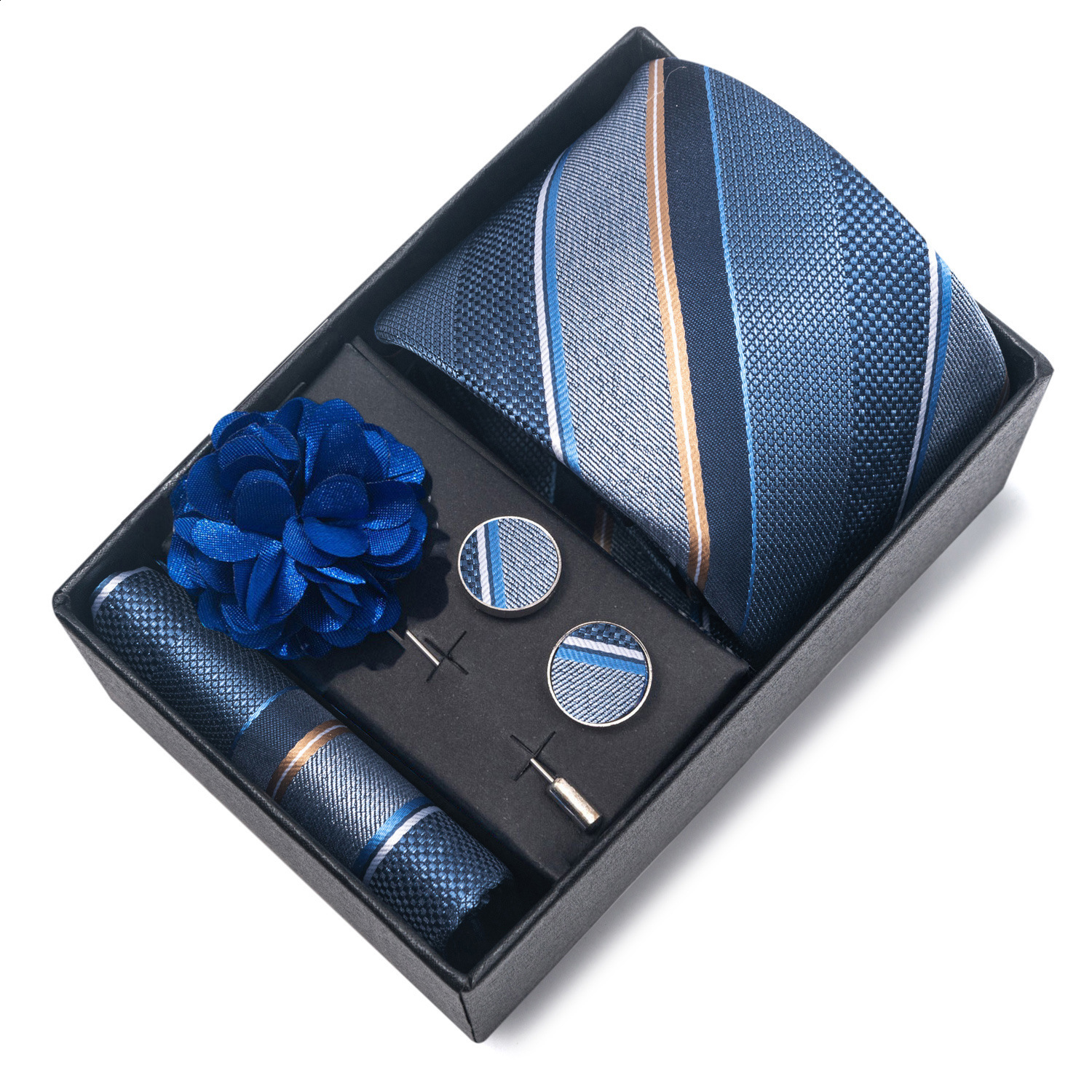 Stripes Silk Ties for Men Wedding Accessories Mens Necktie Pocket Square Cufflinks Pin And Elegant Gift Box 260403